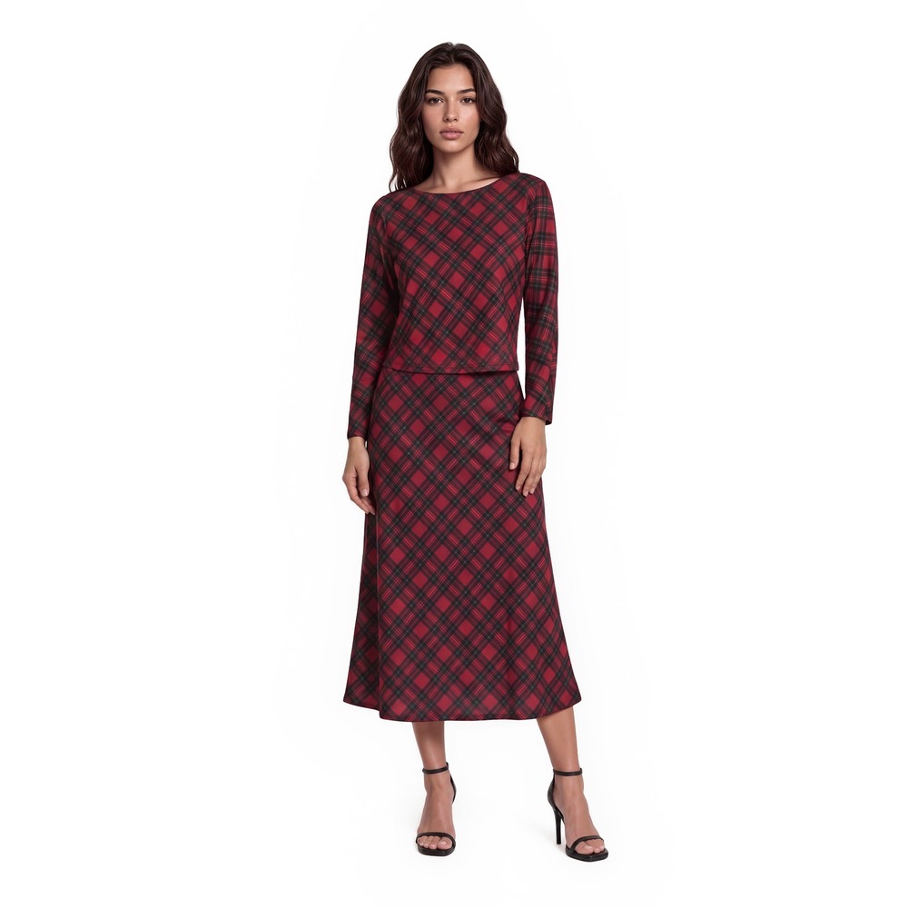 NEW Antonio Melani Plaid Midi Skirt Top Set‎ Women's Medium Red Tartan 2 Piece